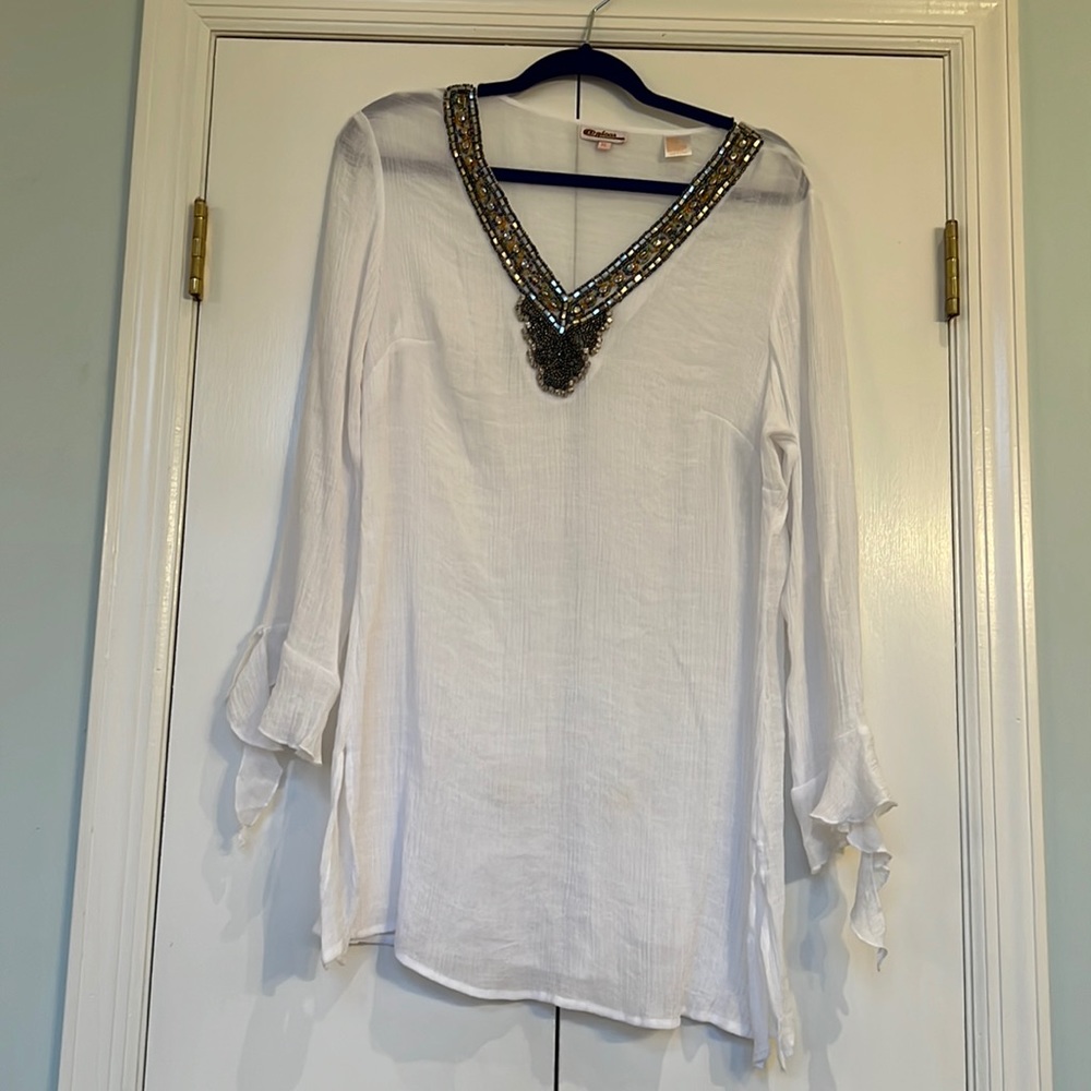 Azucar White with Embellished Long Sleeve Top/Blouse/Bathing Suit Coverup